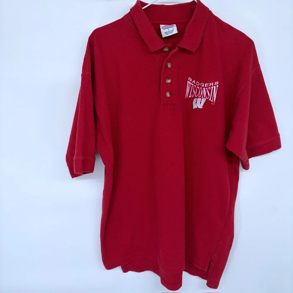 Cadre Athletic Wisconsin Badgers‎ Polo Shirt Men's Large Red Embroidered Waffle - Picture 2 of 6